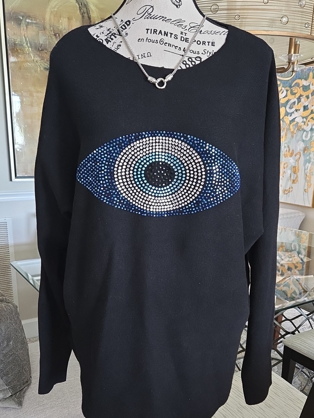 Milano Black Knit Sweater with Large Blue and White Rhinestone Eye 22" P 2 P